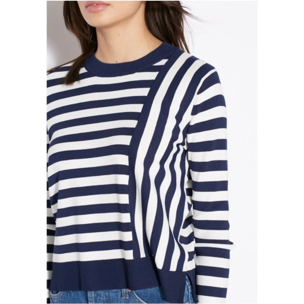 Topshop Asymmetrical  Striped Crew Neck Navy Blue White Crew Neck Sweate…